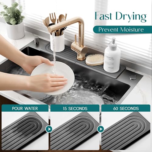 Large Faucet Mat for Kitchen Sink - Stone Drying Mat for Kitchen Counter, Diatomite Fast Drying Stone Sink Tray, Super Absorbent, Stylish Decor and Protector for Bathroom (Dark Grey, 23.6" x 5.5") - color: Dark Gray, size: 23.6" x 5.5"