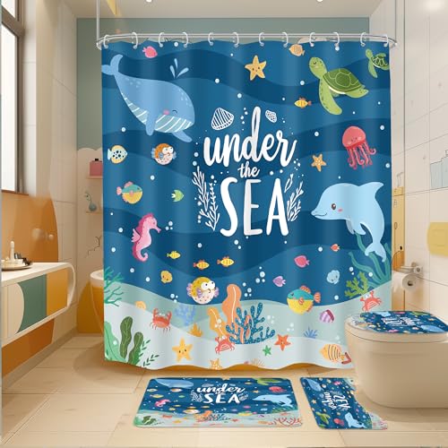 4 PCS Kids Shower Curtain Set 72Wx72H Ocean Bathroom Set Underwater Summer Kid Fish Cute Whale Sea Animal Funny Bath Rug Toilet Lid Cover U Shape Mat Accessories 12 Hooks Bathroom Decors - color: B 01blue, size: 72"W x 72"L (Pack of 4)