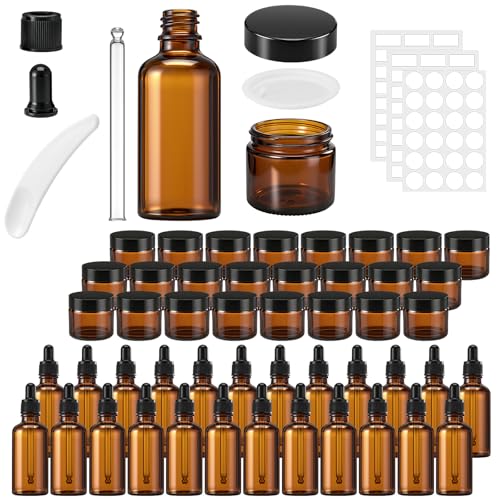 48 Pcs Amber Glass Jars and Dropper Bottles Set, 2 oz Cream Jars with Black Lids 1.7 oz Amber Dropper Bottles, with Label and Mini Spatula, for Essential Oil, Lotions, Massage Oil, Spa Salon - color: Amber