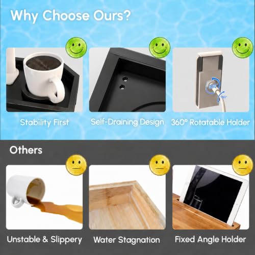 Vespara Bamboo Hot Tub Table with Adjustable Phone Holder, Non Slip Hot Tub Table Spa Gifts for Women, Bathtub Canddy Tray with Wine Glass Holder Tray for Luxury Bathtub& Bathroom Accessories Black - color: Black