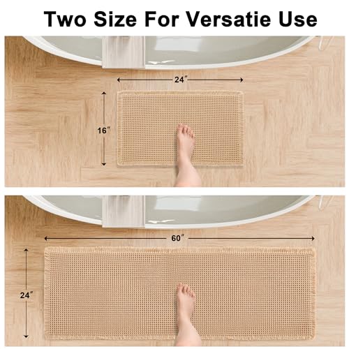 Hiasan Set of 2 Waffle Bath Mat, Super Absorbent Non Slip Bathroom Boho Rug with Tassels, Machine Washable Bath Mats for Bathroom, Ultra Soft Rubber Backed Rug, Brown, 16" x 24" + 24" x 60" - color: Brown, size: 16" x 24" + 24" x 60"