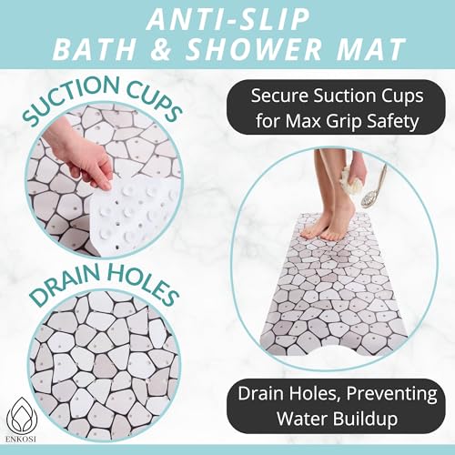 ENKOSI Bath Mat – Large 40 x 16 Inch Non-Slip Bathtub Mat with Secure Suction Cups & Drain Holes – Extra Long Bathroom Shower Mat for Tub with Grey Pebble Design (Grey Pebble 40x16) - color: Pebble