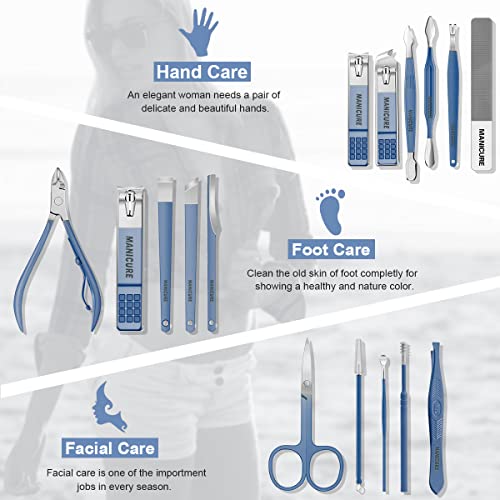 Manicure Set Professional Nail Clippers Pedicure Kit, 16 pcs Stainless Steel Nail Care Tools Grooming Kit with Luxurious Travel Leather Case for Thick Nails Men Women Gift (Blue) - color: Blue