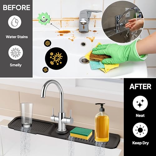 24 Inch Silicone Faucet Mat for Kitchen Sink Longer Splash Guard Behind Faucet Fast Draining 5° Slope Sink Protector Water Catcher Draining Mat Black - color: Black, style: 24 Inch