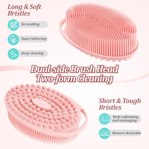 Silicone Back & Body Scrubber Set 2PCS, 13.4'' Gentle Exfoliating Back Scrubber with Dual-Side Head and Non-Slip Handle, Hygienic Silicone Loofah with Soft Bristles and Massage Dots(Pink-2PC) - color: Pink*2