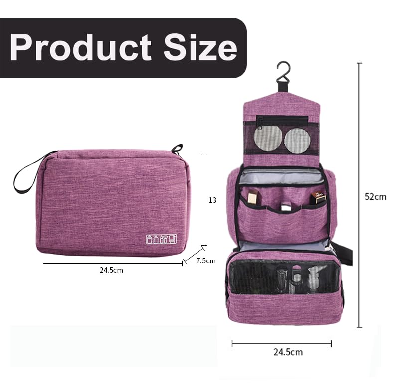 Hanging Toiletry Bag, Purple, Women or Man | Wash Bag, Makeup Cosmetic Organizer, Foldable Compact Size, Super Durable Fabric - color: Purple