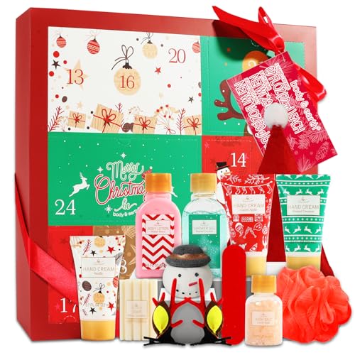 Christmas Advent Calendar 2025, 12 Days of Holiday Advent Calendar for Women, BODY & EARTH Spa Gift Baskets with Snowman Bath Bomb, Scented Candle, Christmas Hat, New Year Bath Set for Women - color: Green & Red