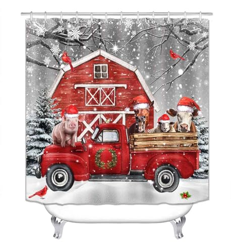 4PCS Christmas Shower Curtain Sets with Rugs, Waterproof Fabric Shower Curtain, Funny Farm Animal Pig Donkey Cow Sheep Cardinal Red Truck Barn Xmas Tree Snowflake Holiday Winter Bathroom Decor - color: Funny Farm Animals