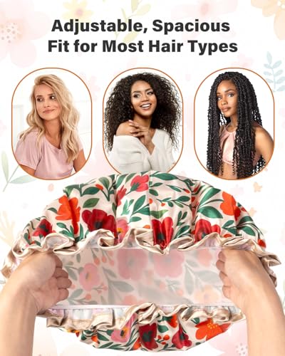 mikimini Large Shower Cap for Women Reusable Waterproof, Extra Large Hair Cap with Adjustable Elastic Band and Vibrant Floral Print, XL Bath Cap for Long Hair & Short Hair, 2 Pcs - color: Spring Floral, size: X-Large (Pack of 2)