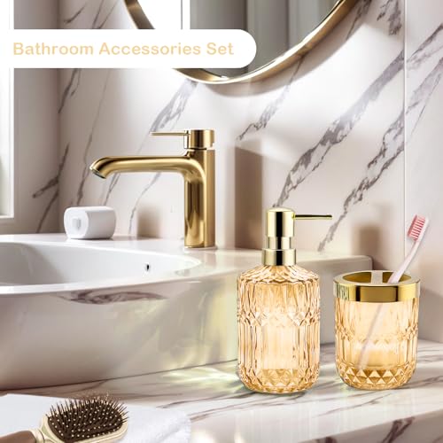 2Pcs Golden Bathroom Accessories Set, Glass Bathroom Accessories, Vintage Bathroom Countertop Decoration Includes Soap Dispenser, Toothbrush Holder - color: Golden, size: 2 Pcs