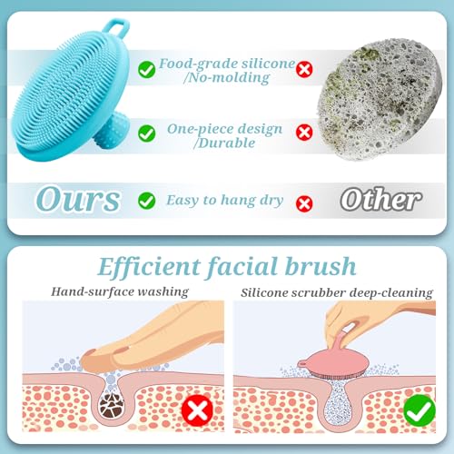 Silicone Back & Body & Face Scrubber Set 3PCS, Gentle Exfoliating Back & Body Scrubber with Dual-Side Brush Head, Hygienic Silicone Loofahs with Soft Bristle and Non-Slip Handle(Blue-3PC) - color: Blue*3