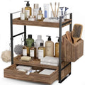 Kottwca 2-Tier Bathroom Counter Organizer with Drawer, Basket & Hooks, Wooden Vanity Shelf for Skincare, Perfume & Makeup Storage(Dark Brown) - color: Dark Brown