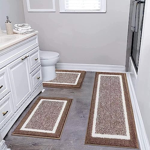 Pauwer 3 Piece Plush Bath Mat Set, Non Slip Shaggy Bathroom Mats with U-Shaped Contour Toilet Mat for Bedroom Living Room - color: Coffee, size: 18"x26"+18"x48"+U Shape 20"x24"
