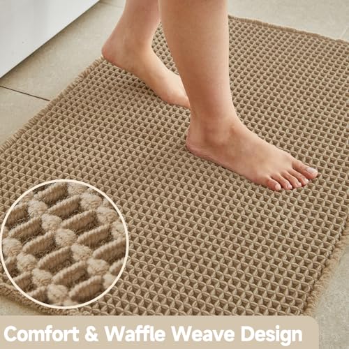 TYUU Waffle Bath Mat, Boho Bathroom Rugs Non Slip Washable Super Absorbent Quick Dry Farmhouse Bathroom Decor, 24"x16" Khaki - color: Khaki, size: 1'4" X 2' (Rectangular)