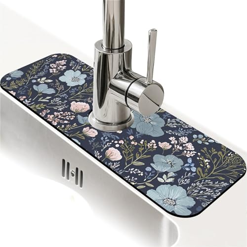 Kitchen Sink Splash Guard，Lush blue pink floral Faucet Mat Sink Gadgets-Super Absorbent Fast Drying Mat Drip Catcher for Kitchen, Bathroom,Sink Mat, Dish Drying Mat, Bathroom(15" X 5.5" )