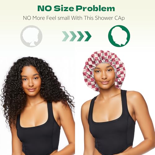 2 PCS Shower Cap Waterproof Double Layer Elastic Adjustable Reusable Hair Bath Caps for Girls Women Cute Aesthetic-Pink Black - color: G2-Pink Black