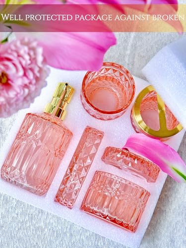LaMarriti 5pcs Pink Bathroom Accessory Set, Clear Glass Bathroom Set, Soap Dispenser and Toothbrush Holder Set, Soap Dish, Tumbler, Qtips Holder for Crystal Modern Bathroom Decor, Set - style: Pink