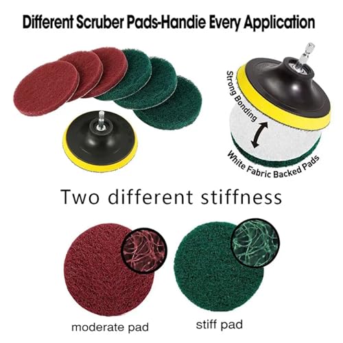 4 Inch Drill Powered Brush Tile Scrubber Scouring Pads,6 Scrubbing Pads with 4 Inch Pad Holder,1Quick Change Hex Shaft for Kitchen Bathroom Grout Tub Grill Cleans Large Flat Areas