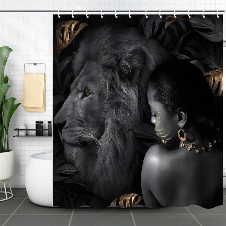 African Women and Lion Grey Shower Curtain Set with Non-Slip Rugs and Toilet Lid Cover Wildlife Safari Theme Fabric Shower Curtain Bathroom Decor with Hooks Waterproof Washable 72" x 72'' - color: Grey Black