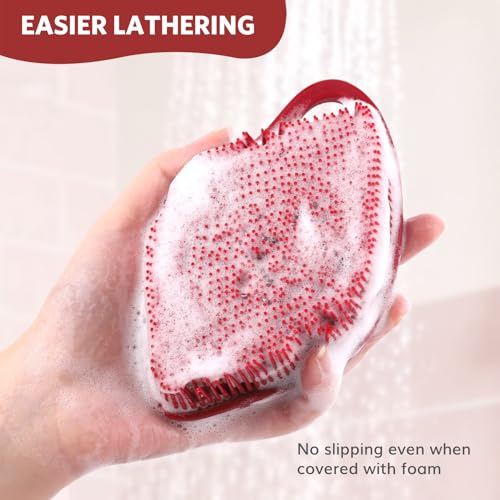 Sndyi Silicone Body Scrubber, Gentle Exfoliating Body Scrubber for Sensitive Skin, Leaf Shaped Shower Scrubber for Body with Lathering Bristles, Silicone Loofah Body Brush for Showering, Red - color: Red
