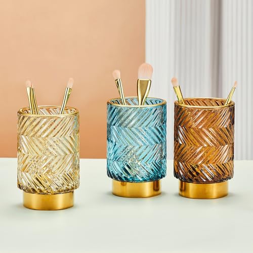 Makeup Brush Holder Organizer,Toothbrush Holders,Desk Pen Pencil Holder,Multifunctional Vintage Glass Brush Cup（A40-5-US） - color: Brown