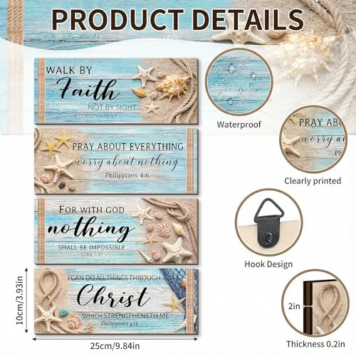 4Pcs Coastal Wooden Wall Decor for Bathroom Bedroom Summer Beach Christian Wall Art Room Decor Starfish Seashells Wooden Signs Teal Ocean Religious Decor with Bible Verses Nautical Home Decoration - style: Coastal
