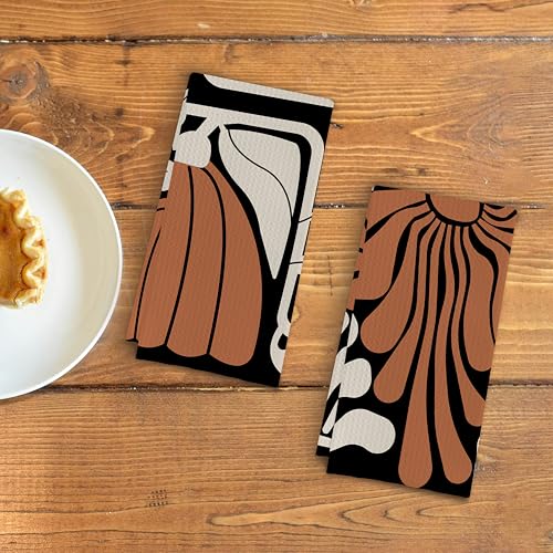 Black and White Floral Kitchen Towels, Retro 70s Groovy Hand Towels for Bathroom Decor, Modern Minimalist Botanical Dish Tea Towels for Kitchen Decor(16×24 Set of 2) - color: Boho Black and Whtie