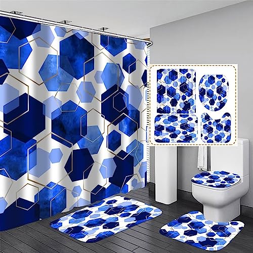 LQCOOL Blue Bathroom Curtain Set, 4Pcs Modern Art Geometric Shower Curtain with 12 Hooks, Waterproof, Blackout, 70.8' L x 70.8' W - color: Blue