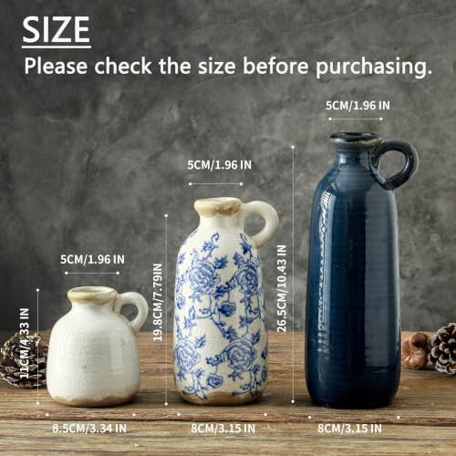 Ceramic Vase Set of 3 with Handle, Vintage Rustic Vases Home Decor Farmhouse Decorative Vase Pottery Decor Modern for Table Mantel Entryway Bookshelf Living Room Kitchen Bedroom - Blue - color: 010 Vase Set - Vintage Blue