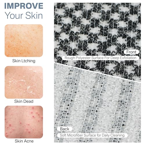 Yiclick Dual-Textured Exfoliating Washcloth Towel - Back Scrubber for Use in Shower Bath, Exfoliating Body Scrubber Exfoliator, Japanese Exfoliate Loofah Lufa Sponge Wash Cloth for Women Men - color: Grey