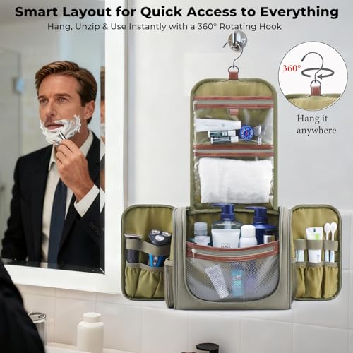 Ralnitote Large Hanging Toiletry Bag for Men, Travel Bathroom Bag with Hook, Hygiene Bag Organizer for Shower, Shaving & Grooming Essentials, Green - color: Green
