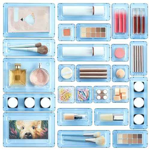 Vtopmart 25 PCS Plastic Drawer Organizers Set, 4-Size Versatile Bathroom and Vanity Drawer Organizer Trays, Storage Bins for Makeup, Bedroom, Kitchen Gadgets Utensils and Office - color: Clear Blue