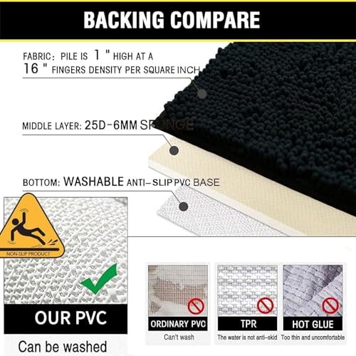 Black Bathroom Rug Chenille 3-Piece Extra Soft and Absorbent Shag Bathroom Rugs, Machine Wash Mat, Strong PVC Non-Slip Underside, Plush Carpet Mats (Black) - color: Black, size: 2'8" x 1'8" (16x24"+20x32"+20x20"U shape）
