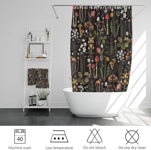 Retro Mushroom Shower Curtain for Bathroom, Fairy Forest Flowers Plants on Black Background Bath Curtains, Vintage Botanical Fabric Shower Curtain Sets with Hooks 72 x 84 - color: Red Black, size: 72"W x 84"L (Pack of 1)