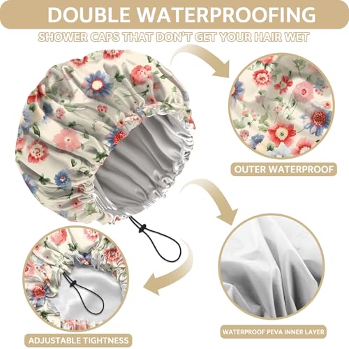 Shower Cap Adjustable Waterproof Double Layer Elastic Reusable Hair Bath Cap Cute Aesthetic for Women Girls-Pink Blue Floral - color: R7-Pink Blue Floral