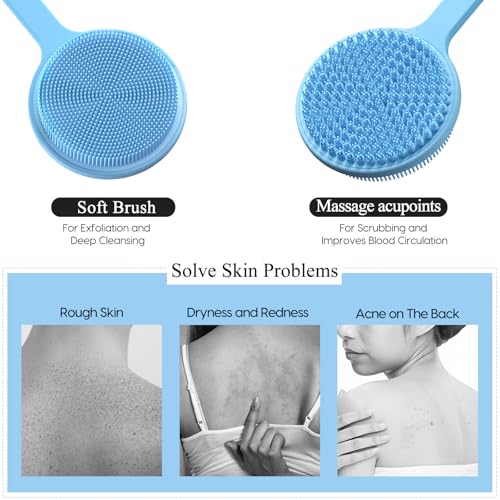 2 Pack Back Scrubber for Shower, 17in Lengthen Long Handle Body Brush, Double Sided Shower Brush for Shower Exfoliating and Massage Can Produce Rich Foam, Long Handle Back Scrubber for Men - color: 2pc-blue+pink