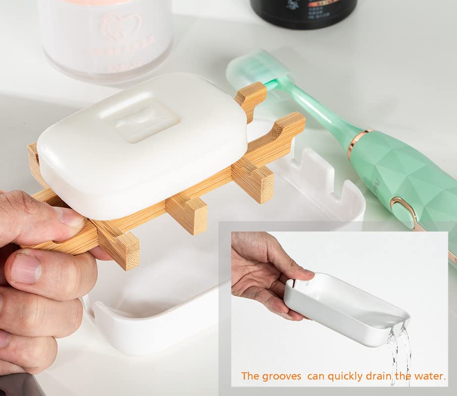Classic Bamboo Fiber Soap/Sponge Dishes, Bar Sink Soap Holder, Bathroom Small Soap Tray, White - color: White