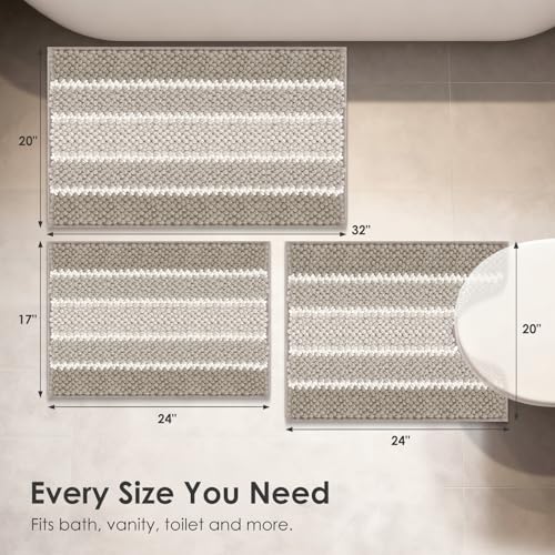 ArtyCozy Chenille Bathroom Rugs 3 Pieces, Extra Thick Absorbent Non Slip Bath Mats with U-Shaped Toilet Rug, Soft Plush Bath Floor Mat Machine Washable, Brown, 17"x24" Plus 20"x32" Plus 20"x24" - color: Brown, size: 17" × 24" + 20" × 32" + 20" × 24"