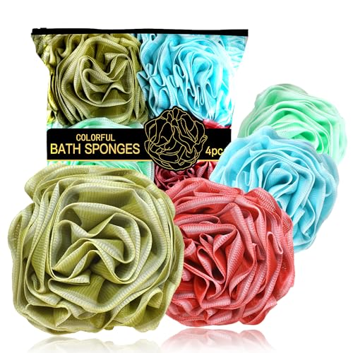Loofah Sponge 70g, Large Exfoliating Flower Bath Sponge, Soft Durable PE Mesh with Reinforced Knotting, Rich Lather Bath Scrubber for Body, for Travel or as a Holiday Gift (4Pack, Green, Red, Blue) - color: Green, Red, Blue, size: 1 Count (Pack of 4)