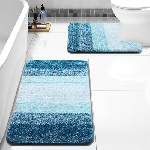 Arotive Bathroom Rugs Sets 2 Piece, Soft Absorbent Microfiber Bath Mats and U-Shaped Contour Toilet Rug, Machine Washable Dry Bath Mats for Bathroom, 30x20 and 24x20, Peacock Blue - color: Peacock Blue, size: 30" X 20" + U Shape 24" X 20"