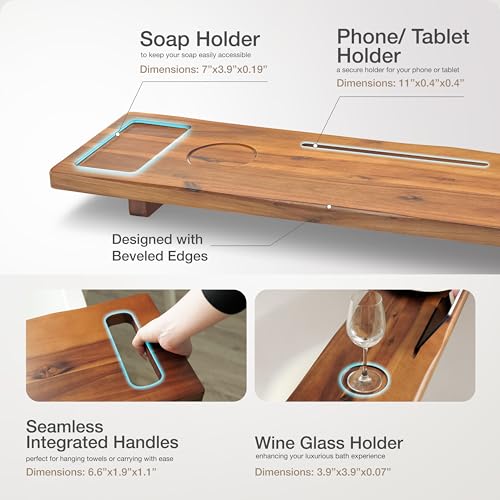 Tinamo Acacia Bathtub Caddy Tray Table | 39 x 9.75 x 2.5 Inch Large Bath Tub Tray Wooden | Anti-Tipping, Sustainable Tub Tray for Bathtub | Bathtub Accessories Holders for Bathtub (Acacia, 39x9.75) | Adjustable Feet, 39" x 9.75" x 2.5", Phone & Drink Hold