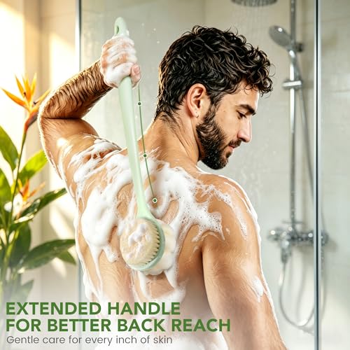Back Scrubber for Shower, 15.7" Loofah with Handle, Back Shower Brush with Bristles and Loofah, Dry Brushing Body Brush for Cleanse Back and Hard to Reach Areas with Curved Long Handle - color: Light Green