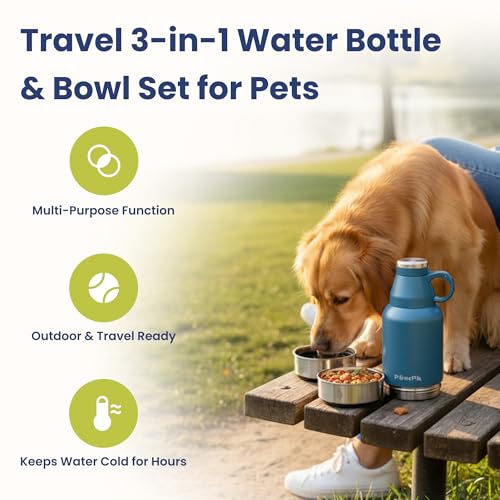 PawsPik 3-in-1 Travel Dog Water Bottle & Bowl Set, 32oz, Blue | Stainless Steel Vacuum-Insulated Bottle with Detachable Food & Water Bowls, Leak-Proof, Keeps Water Cold 12hrs/Hot 6hrs - color: Midnight Summit Blue