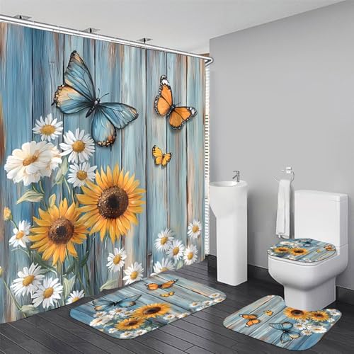 AZHM Rustic Flower Shower Curtain Set Sunflower and Daisy Floral Bathroom Set with Butterfly Accents with Shower Curtain and Bath Mat and 12 Hooks - color: Blue Yellow