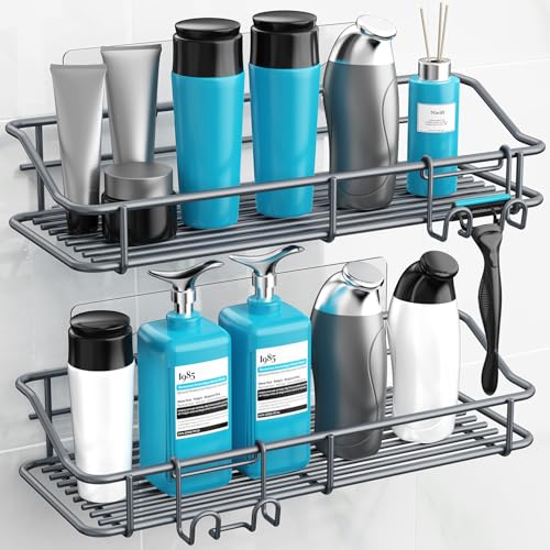 Nieifi Shower Caddy Shelf with Hooks Storage Rack Organizer Adhesive Stainless Steel Without Drilling for Bathroom, Lavatory, Washroom, Restroom, Shower, Toilet, Kitchen - 2 Pack (Gray) - color: Grey, size: 2 Pack