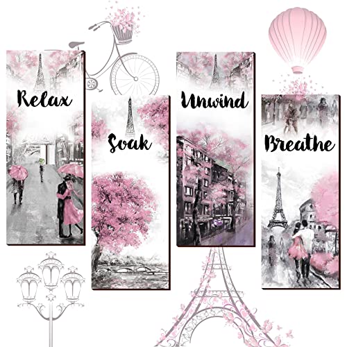 Gerrii 4 Pcs Pink and Grey Bathroom Decor Paris Decor Relax Soak Unwind Breathe Wall Art Farmhouse Bathroom Wedding Newlywed Home Spa Laundry Accessories Wood Hanging Sign(11.81 x 3.15 Inch,Rectangle) - size: 11.81 x 3.15 Inch, style: Rectangle