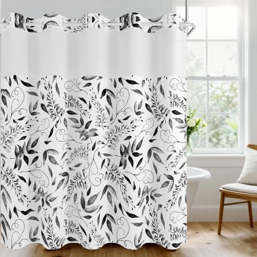 No Hook Shower Curtain with Snap in Fabric Liner Set, Waterproof & Washable, Boho Black and White Leaf Shower Curtains for Bathroom, Modern Farmhouse Rustic Bathroom Curtain, House Gift, 71x74 inch - color: Black and White Leaf