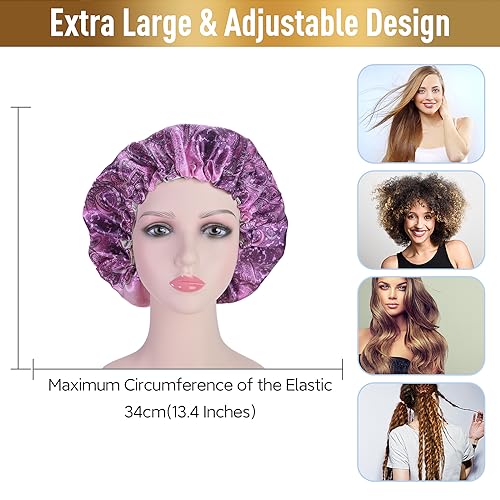 Fishent Shower Cap, Large Shower Caps for Women Reusable Double Layer Waterproof, Adjustable Extra Large Shower Cap for Long Hair and Braids（Purple Print) - color: Purple print, size: X-Large