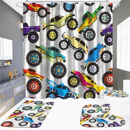 Boys Bathroom Monster Truck Shower Curtain Sets 4 Piece, Colorful Bathroom Set with Shower Curtain and Rugs Waterproof Kids Monster Vehicle Sports Hot Wheel Car Toilet Restroom Bath Home Decorations - color: Trucks