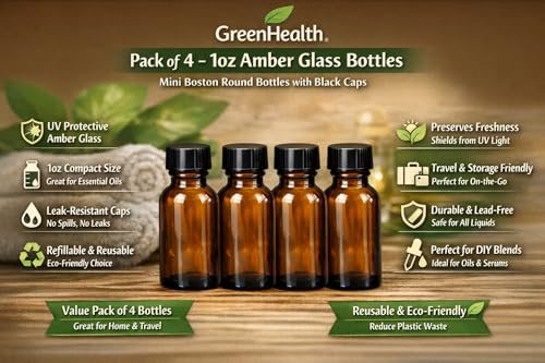 GreenHealth Pack of 4-1oz Amber Glass Bottles for Essential Oils - Mini Boston Round Bottles with Lids - Black Plastic Cap